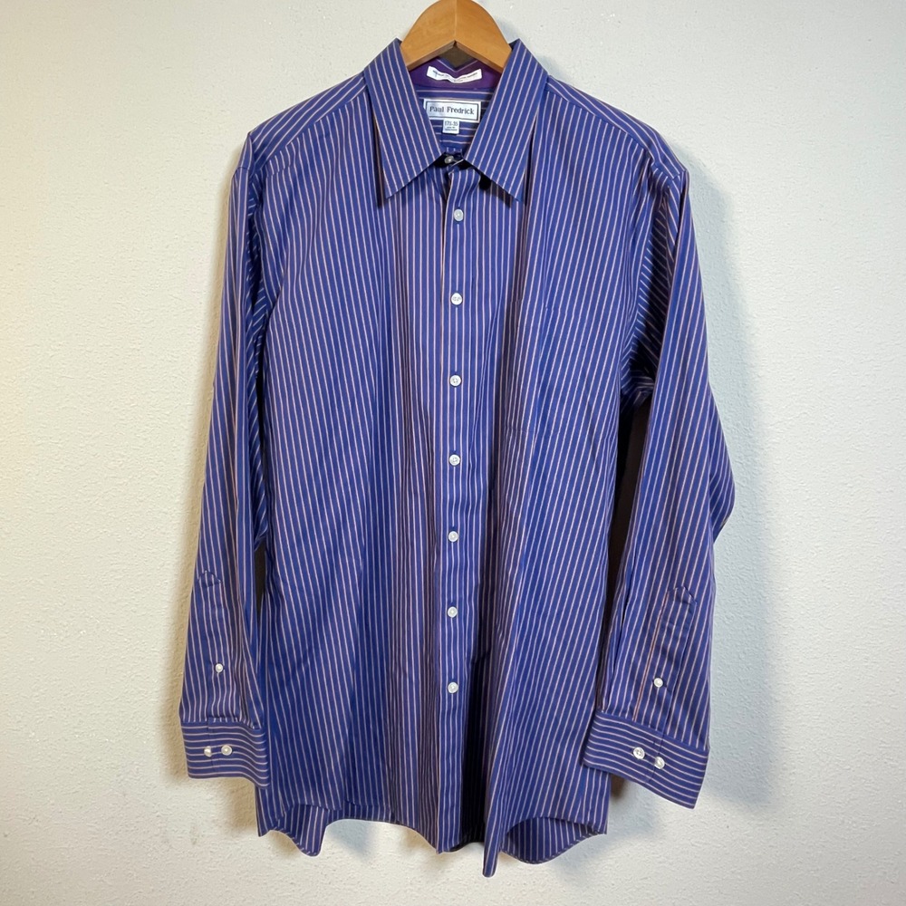 Paul Fredrick Dress Shirt Mens 17.5 35 Blue Striped Slim Fit Cotton Non-Iron